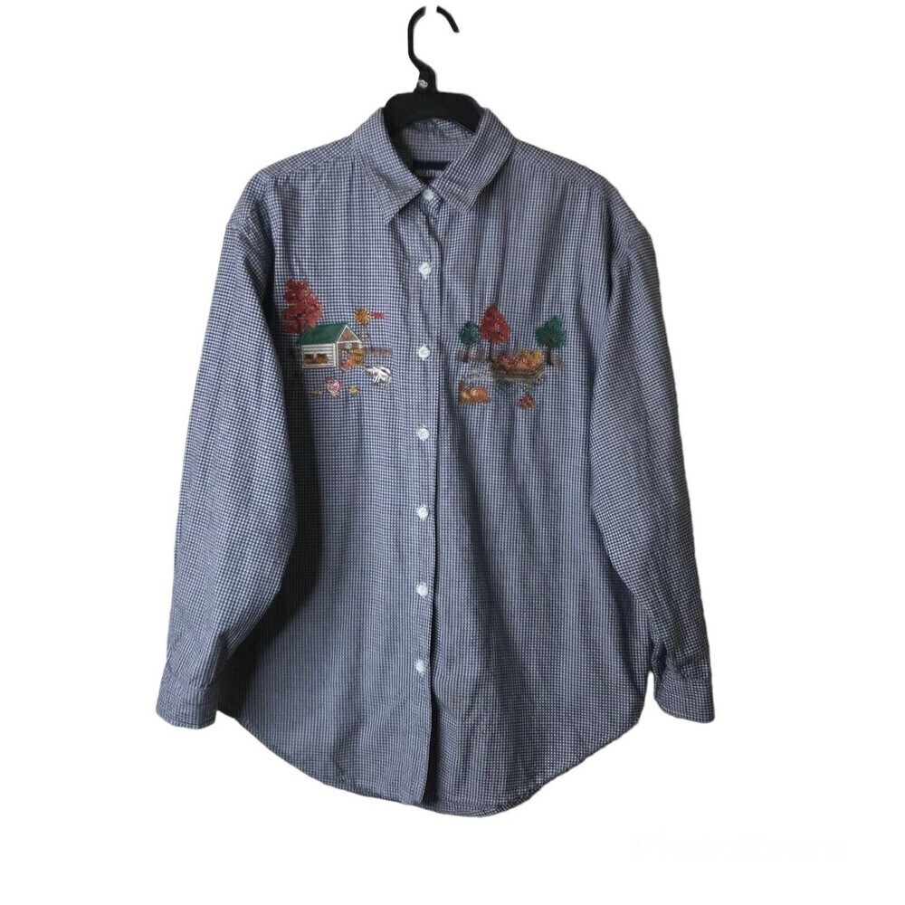 Solutions Casualwear Womens Size M Button Up Shirt Embroidered Black White Check